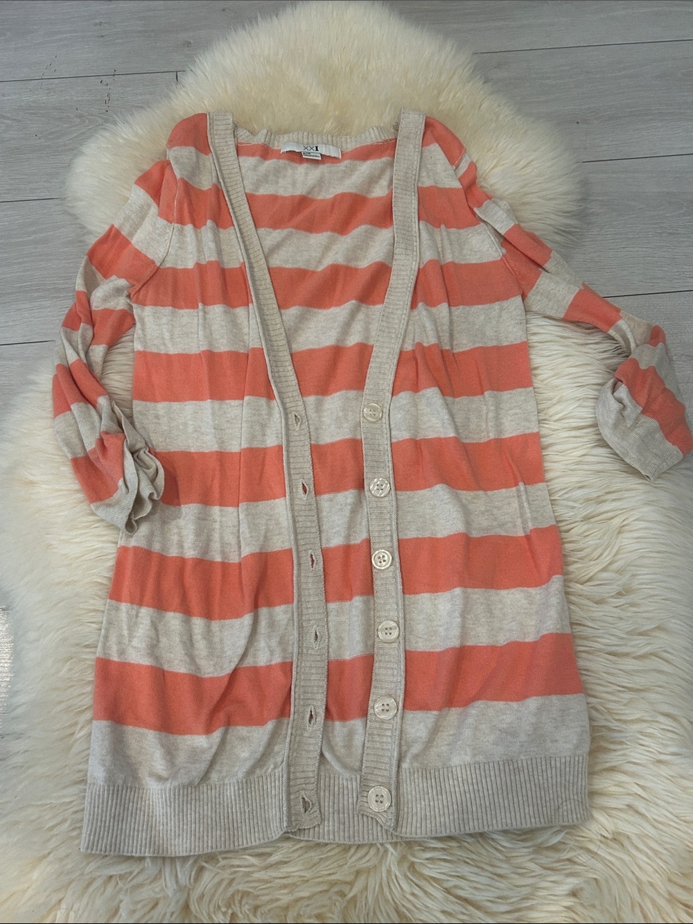 Forever 21 Coral and Cream Striped Button-Front Cardigan